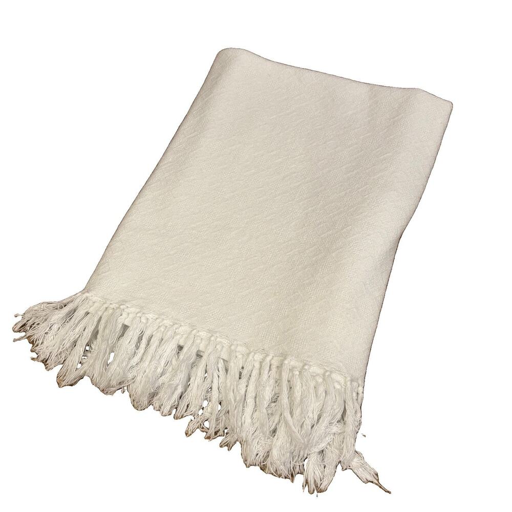 Vintage Ralph Lauren White Cotton Jacquard Fringe Lightweight Throw Blanket USA*
